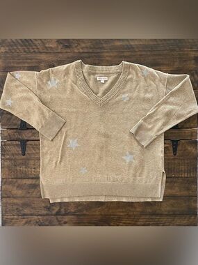 Knox Rose XL Beige Velour Sweater Silver Sequin Stars V-Neck Cozy